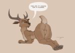  2020 all_fours anthro antlers anus arm_tuft balls brown_background brown_body brown_fur butt cervid cheek_tuft chest_tuft dialogue elbow_tufts english_text facial_tuft fur genitals half-closed_eyes horn kyle_(aureldrawsstuff) looking_back male mammal multicolored_body multicolored_fur narrowed_eyes neck_tuft nude orange_eyes profanity samur_shalem scut_tail shoulder_tuft side_view signature simple_background solo speech_bubble text thick_thighs tuft two_tone_body two_tone_fur 