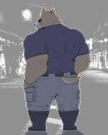  2020 4:5 anthro bottomwear brown_body brown_fur butt canid canine canis clothing detailed_background domestic_dog fur hi_res kemono male mammal outside overweight overweight_male pants shirt solo take_tsugu_roh topwear 