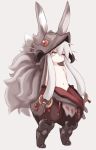  1girl animal_ears animal_helmet blush bunny_ears closed_mouth collarbone commentary dot_nose fake_animal_ears flat_chest full_body grey_background hair_between_eyes helmet horned_helmet horns karukan_(monjya) long_hair looking_at_viewer made_in_abyss nanachi_(made_in_abyss) navel pants prototype puffy_pants silver_hair simple_background solo spiked_hair standing topless very_long_hair white_eyes 