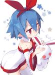  1girl blue_hair chewing eating hair_ribbon highres holding mg_mg original pleinair pointy_ears red_eyes red_ribbon ribbon sala_mander short_hair stuffed_toy thighhighs usagi-san white_hoodie white_legwear 