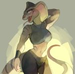  2020 anthro blush bottomwear breasts clothed clothing eyelashes fangs female forked_tongue hand_behind_head looking_aside navel open_mouth open_smile pants reptile scalie shirt simple_background small_waist smile snake solo sony-shock tank_top tongue topwear 