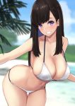  1girl bangs bare_shoulders beach bikini black_hair blue_sky blush breasts cleavage collarbone grin halterneck highres large_breasts leaning_forward long_hair looking_at_viewer navel original purple_eyes sky smile strap_gap string_bikini swimsuit thighs untue wet white_bikini 