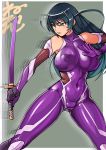  1girl afterimage bare_shoulders black_hair blue_eyes bodysuit breasts covered_navel covered_nipples elbow_gloves fishnet_gloves fishnets gloves holding holding_sword holding_weapon igawa_asagi long_hair neone solo sword taimanin_(series) taimanin_asagi weapon 