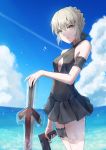  1girl absurdres arm_strap artoria_pendragon_(all) artoria_pendragon_(swimsuit_rider_alter) bangs black_bow black_skirt black_swimsuit blue_sky bow braid braided_bun breasts casual_one-piece_swimsuit cleavage cleavage_cutout closed_mouth cloud day excalibur_morgan fate/grand_order fate_(series) gun hair_between_eyes hair_bow hand_on_hilt handgun highres holding holding_gun holding_weapon im_catfood miniskirt ocean one-piece_swimsuit outdoors pleated_skirt shiny shiny_hair short_hair silver_hair skirt sky small_breasts solo standing summer swimsuit thigh_strap weapon yellow_eyes 