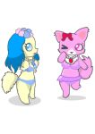  accessory anthro bikini bird_dog blue_eyes breasts canid canine canis cavalier_king_charles_spaniel chest_tuft clothing domestic_cat domestic_dog duo felid feline felis female flower flower_crown fluffy fluffy_ears fluffy_tail fur garnet_(jewelpet) hair_accessory hairclip hunting_dog jewelpet jewelry long_ears looking_at_viewer mammal neck_tuft necklace one_eye_closed persian_cat pink_body pink_eyes pink_fur plant sanrio sapphie simple_background spaniel swimwear toy_dog tuft uchiko wink yellow_body yellow_fur 