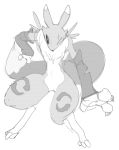 anthro clothing digimon digimon_(species) featureless_crotch female fur gloves handwear monochrome mostly_nude one_eye_closed paperclip_(artist) renamon simple_background solo white_background 