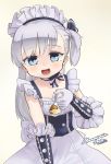  1girl :d apron azur_lane bangs belchan_(azur_lane) belfast_(azur_lane) blue_eyes child choker curry curry_rice dated elbow_gloves eyebrows_visible_through_hair feeding food gloves grey_background grey_hair highres holding looking_at_viewer maid_apron maid_headdress mountain_han one_side_up open_mouth pov ribbon_choker rice signature simple_background smile solo underbust waist_apron white_gloves 