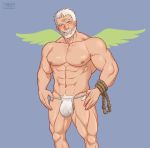  1boy abs bara beard bulge cerberus_arts chest facial_hair fundoshi hogen_(tokyo_houkago_summoners) horns japanese_clothes looking_at_viewer male_focus manly muscle nipples old_man pectorals penis_peek single_horn smile solo tokyo_houkago_summoners underwear underwear_only upper_body yellow_eyes 