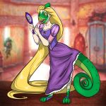  1:1 absurd_res alternate_species blacksheeptfs blonde_hair breasts chameleon clothing dress female green_body green_scales hair hand_mirror hi_res inside lizard long_hair long_tongue photo_background rapunzel_(tangled) reptile scales scalie solo standing surprise tangled_(disney) tongue transformation 
