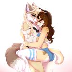  1:1 2020 anthro anthro_on_anthro black_ears black_eyebrows black_lips blonde_hair blue_eyes blush breasts brown_ears brown_eyes brown_hair brown_nose brown_tail butt canid canine canis choker cleavage clothed clothing countershading digital_media_(artwork) domestic_dog duo ear_piercing ear_ring ei-ka embrace eyebrows eyelashes female female/female fur hair hi_res hug humanoid_hands iris jewelry licking_partner lips long_hair mammal midriff multicolored_body multicolored_fur necklace off_shoulder one_eye_obstructed piercing pink_inner_ear pink_tongue prick_ears pupils purple_inner_ear simple_background smile snout text tongue two_tone_body two_tone_fur two_tone_tail url watermark white_background white_body white_countershading white_fur white_tail yellow_body yellow_fur 