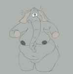  absurd_res anthro big_breasts breasts elephant elephantid eyelashes female genitals grey_background grey_body hi_res hooves inverted_nipples jodero mammal muffin_top navel nipples overweight overweight_female proboscidean proboscis_(anatomy) pussy simple_background solo surprise thick_thighs trunk_(anatomy) 