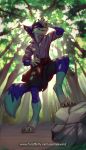  anthro canid canine clothing forest fox hi_res male mammal rexwind rock solo text tree url walking 