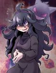  1girl @_@ ahoge bangs behind_another black_dress black_hair blush commentary_request dress embarrassed flying_sweatdrops gen_1_pokemon gengar ghost grin hair_ornament hairband hex_maniac_(pokemon) highres long_hair long_sleeves looking_at_another looking_to_the_side messy_hair nose_blush npc_trainer open_mouth own_hands_together pokemon pokemon_(creature) purple_eyes purple_hairband purple_sclera ribbed_sweater smile spiral_eyes sweat sweater takura_mahiro teeth wavy_mouth 