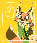  2020 anthro bottomwear brown_body brown_fur canid canine clothed clothing dipstick_tail disney food fox fully_clothed fur gloves_(marking) green_eyes hi_res looking_at_viewer mammal markings multicolored_tail necktie nick_wilde open_mouth open_smile orange_body orange_fur pants pawpsicle pnoll popsicle red_fox shirt simple_background smile solo topwear yellow_background zootopia 