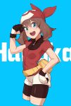  1girl :d bangs bike_shorts black_shorts blue_background blue_eyes breasts brown_hair character_name cowboy_shot cropped_legs eyebrows_visible_through_hair hair_between_eyes hand_on_hip haruka_(pokemon) highres jacket long_hair nyonn24 open_mouth pokemon pokemon_(game) pokemon_rse red_bandana red_jacket shiny shiny_hair short_shorts short_sleeves shorts shorts_under_shorts simple_background small_breasts smile solo standing twintails white_shorts 