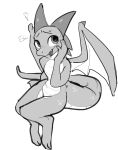  anthro blush bodily_fluids dragon female high-angle_view horn membrane_(anatomy) membranous_wings monochrome nude open_mouth open_smile paperclip_(artist) scalie simple_background sitting smile solo sweat sweatdrop syl_(enginetrap) western_dragon wings 