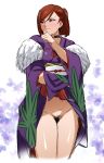  1girl absurdres blush brown_eyes brown_hair choker groin highres japanese_clothes kanzaki_sumire kimono lifted_by_self mole mole_under_eye no_panties ponytail pubic_hair sakura_taisen sash shin_sakura_taisen solo sweat tesu 