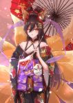  1girl :o alternate_costume bare_shoulders black_hair black_kimono breasts cleavage collarbone fox_mask fox_tail hair_between_eyes hair_bun hair_ornament hair_stick highres holding holding_umbrella idolmaster japanese_clothes kimono large_breasts long_hair mask multicolored multicolored_clothes multicolored_kimono obi off-shoulder_kimono open_mouth print_kimono purple_ribbon ribbon sash shirase_sakuya tail tsukuda_hayato umbrella wagasa yellow_eyes 