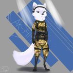  1:1 2020 absurd_res anthro arctic_fox black_nose camo canid canine clothed clothing female fox full-length_portrait fully_clothed fur gun headgear headphones headset hi_res mammal portrait ranged_weapon signature simple_background solo standing tieradler weapon white_body white_fur 