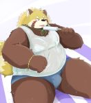  2020 absurd_res ailurid anthro bodily_fluids bottomwear bulge clothing food hat headgear headwear hi_res kemono male mammal noctnoc overweight overweight_male popsicle red_panda shirt shorts simple_background sitting solo sweat tongue tongue_out topwear white_background 