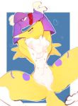  6_nipples anthro arms_tied blue_background bodily_fluids border bound digimon digimon_(species) female fur mostly_nude multi_nipple nipples paperclip_(artist) renamon simple_background solo sweat sweatdrop white_body white_border white_fur yellow_body yellow_fur 