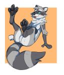  absurd_res alternate_version_at_source animate_inanimate anthro featureless_crotch hi_res living_plushie male mammal pawpads plushie procyonid raccoon reclining seam_(sewing) solo tag tongue tongue_out whiskerbox 