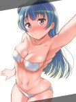  1girl :o arm_up armpits bangs bare_arms bare_shoulders bikini blue_hair blush breasts bursting_breasts butt_crack cleavage collarbone cowboy_shot curvy dutch_angle embarrassed eyebrows_visible_through_hair eyelashes eyepatch_bikini fingernails fingers gonta_(gshoutai) highres hip_bones long_hair looking_at_viewer love_live! love_live!_sunshine!! narrow_waist navel open_mouth outstretched_arm purple_eyes raised_eyebrows self_shot side_bun simple_background skindentation solo stomach surprised swimsuit tsushima_yoshiko white_background white_bikini wide_hips 