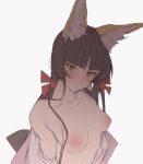  1girl animal_ears bangs bare_shoulders blush breasts brown_eyes brown_hair collarbone fox_ears fox_girl japanese_clothes kimono long_hair looking_at_viewer lowres mdf_an nipples off_shoulder open_clothes open_kimono open_mouth original simple_background small_breasts white_background 