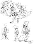  2016 anthro barefoot bottomwear canid canine clothed clothing coat disney duo fox fully_clothed fur holding_gun holding_object holding_weapon iji judy_hopps lagomorph leporid mammal monochrome necktie nick_wilde pants rabbit red_fox shirt simple_background sketch_page standing topwear walking weapon white_background zootopia 