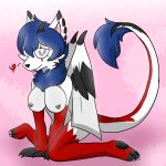  &lt;3 1:1 big_breasts black_pawpads breast_squish breasts female fluffy glichy_wolgon glistening glistening_body hi_res horn hybrid pawpads pose simple_background solo squish teasing tongue tongue_out waferroni wings 