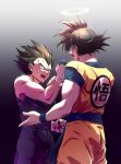 2boys anger_vein black_eyes black_hair bracelet commentary_request dragon_ball dragon_ball_z gloves halo highres jewelry looking_at_another male_focus multiple_boys muscle open_mouth shirt_grab sm318 son_gokuu spiked_hair standing vegeta white_gloves 
