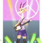  1:1 2020 absurd_res antelope anthro bottomwear bovid clothed clothing disney female fully_clothed fur gazelle gazelle_(zootopia) gloves guitar handwear headgear headphones headset hi_res holding_guitar horn mammal musical_instrument playing_guitar playing_music plucked_string_instrument shirt shorts solo string_instrument t-shirt tieradler topwear yellow_body yellow_fur zootopia 