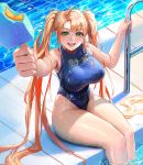  1girl ag-1_nereid bangs blush breasts food goggles goggles_around_neck green_eyes incoming_food large_breasts last_origin long_hair one-piece_swimsuit open_mouth orange_hair pool poolside popsicle smile solo swimsuit thighhighs twintails very_long_hair wet wet_hair wonchun 