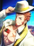  1boy abs alternate_costume bara beard between_pecs blue_eyes blush brown_hair card chest close-up facial_hair fate/grand_order fate_(series) hat highres long_sleeves looking_to_the_side male_focus muscle napoleon_bonaparte_(fate/grand_order) one_eye_closed open_clothes pectorals scar scarf sideburns solo waku_(ayamix) 