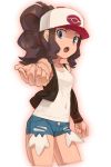  1girl asymmetrical_sleeves baseball_cap black_sleeves blue_eyes blue_shorts breasts brown_hair collarbone covered_navel cowboy_shot cropped_legs denim denim_shorts hat high_ponytail long_hair long_sleeves looking_at_viewer nyonn24 open_mouth outstretched_arm poke_ball_print pokemon pokemon_(game) pokemon_bw print_headwear reaching_out shiny shiny_hair shiny_skin shirt short_shorts shorts simple_background single_sleeve sleeveless sleeveless_shirt small_breasts solo standing torn_clothes torn_shorts touko_(pokemon) white_background white_headwear white_shirt 