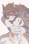  2:3 abs anthro balls blush bodily_fluids canid canine canis cum cum_on_face erection genital_fluids genitals hachi_duchi hair hi_res long_hair male mammal muscular muscular_male nipples pecs penis solo temujin tokyo_afterschool_summoners video_games wolf 