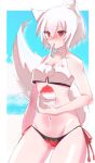  animal_ears ass_visible_through_thighs beach bikini blush breasts cloud eyebrows_visible_through_hair food highres holding holding_food inubashiri_momiji mouth_hold navel no_hat no_headwear ocean pom_pom_(clothes) red_eyes shaved_ice side-tie_bikini sky small_breasts spoon spoon_in_mouth sweat swimsuit tail touhou tsukihin white_hair white_tail wolf_ears wolf_girl wolf_tail 