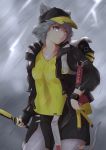  2020 absurd_res animal_humanoid arknights bag breasts click_(arknights) clothing detailed_background female grey_hair hair hat headgear headwear hi_res hinanawi_mika holding_object holding_weapon humanoid jacaket jacket lightning mammal mammal_humanoid mouse_humanoid murid murid_humanoid murine murine_humanoid raining rodent rodent_humanoid short_hair solo spikes topwear weapon 