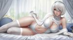  1girl arm_support bangs bed bed_sheet black_hairband blue_eyes breasts bride bust_(sculpture) cleavage cleavage_cutout curtains feet hair_over_one_eye hairband highleg highleg_leotard large_breasts legs leotard lying mole navel navel_cutout nier_(series) nier_automata no_blindfold on_side parted_bangs pink_lips sciamano240 short_hair silver_hair thighhighs white_legwear white_leotard white_theme yorha_no._2_type_b 