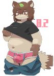  2020 anthro belly bottomwear brown_body brown_fur bulge canid canine clothing fur kemono leaf male mammal navel overweight overweight_male pants raccoon_dog shirt si_ra_ta_ma3 solo tanuki text topwear underwear 