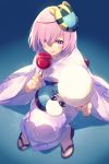  1girl bangs blush breasts candy_apple cis05 cotton_candy fate/grand_order fate_(series) food hair_over_one_eye japanese_clothes kimono lavender_hair long_sleeves looking_at_viewer mash_kyrielight mask mask_on_head purple_eyes sandals short_hair tongue tongue_out white_kimono wide_sleeves 