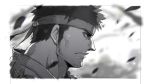  1boy black_hair close-up facial_hair greyscale headband male_focus monochrome muscle nikism ryuu_(street_fighter) solo street_fighter street_fighter_ii_(series) stubble 