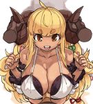  1girl ahoge anila_(granblue_fantasy) bangs bikini blonde_hair blunt_bangs breasts dark_skin detached_sleeves disembodied_limb disembodied_penis draph eyebrows eyebrows_visible_through_hair granblue_fantasy highres horns huge_breasts long_hair open_mouth penis ribbon-trimmed_bikini sheep_horns short_eyebrows smile sweatdrop swimsuit very_long_hair yellow_eyes zana 