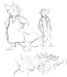  ! 2016 anthro apron bodily_fluids bottomwear canid canine cheek_tuft clothed clothing dialogue disney duo english_text facial_tuft fox fully_clothed fur gideon_grey iji looking_at_another male mammal monochrome necktie nick_wilde open_mouth open_smile pants red_fox shirt smile speech_bubble standing sweat sweatdrop text topwear tuft zootopia 