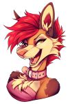  2020 ailuranthropy alpha_channel anthro canid canine canis clothed clothing collar coyote digital_media_(artwork) fangs female fur hair headshot_portrait lily_(theycalmehavoc) mammal open_mouth open_smile portrait red_hair simple_background smile solo teeth tongue transparent_background 