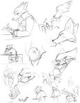  2016 anthro canid canine cellphone chair clothed clothing coat crossed_arms disney eyes_closed fox fully_clothed fur furniture holding_cellphone holding_object holding_phone iji judy_hopps lagomorph leporid mammal monochrome nick_wilde phone rabbit red_fox simple_background sitting sketch_page smile table topwear white_background zootopia 