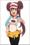  1girl :d bangs black_legwear blue_eyes blue_sleeves breasts brown_hair collarbone covered_navel cowboy_shot double_bun hair_between_eyes hand_on_hip highres long_hair looking_at_viewer medium_breasts mei_(pokemon) nyonn24 open_mouth pantyhose poke_ball_print pokemon pokemon_(game) pokemon_bw2 print_shirt shiny shiny_hair shirt short_shorts shorts simple_background smile solo standing thigh_gap very_long_hair visor_cap white_background white_shirt yellow_shorts 