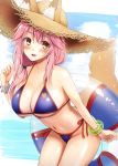  1girl animal_ear_fluff animal_ears bangs bare_shoulders beach bikini blue_bikini blush bracelet breasts cleavage collarbone ears_through_headwear fang fate/grand_order fate_(series) fox_ears fox_girl fox_tail hat innertube jewelry kurikara large_breasts long_hair looking_at_viewer navel ocean open_mouth pink_hair sidelocks smile straw_hat swimsuit tail tamamo_(fate)_(all) tamamo_no_mae_(swimsuit_lancer)_(fate) thighs yellow_eyes 