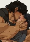  2boys bara beard black_hair blush chest covered_eyes facial_hair french_kiss hand_on_another&#039;s_head hug kiss male_focus manly marototori multiple_boys muscle open_mouth original pectoral_grab pectorals saliva saliva_trail shirt_pull sweat tongue tongue_out upper_body veins yaoi 