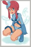 1girl :d bangs blue_eyes blue_footwear blue_gloves blue_shorts breasts crop_top eyebrows_visible_through_hair fuuro_(pokemon) gloves gym_leader hair_between_eyes highres medium_breasts midriff navel nyonn24 one_side_up open_mouth pokemon pokemon_(game) pokemon_bw red_hair shiny shiny_hair short_hair_with_long_locks short_shorts shorts sidelocks smile solo squatting stomach white_background white_feathers 